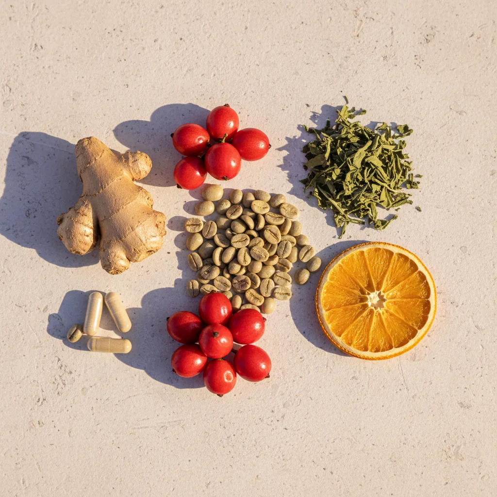 Flat lay of botanical ingredients: green coffee beans, guarana berries, green tea leaves, ginger root, and vitamin C orange slice on a light stone surface